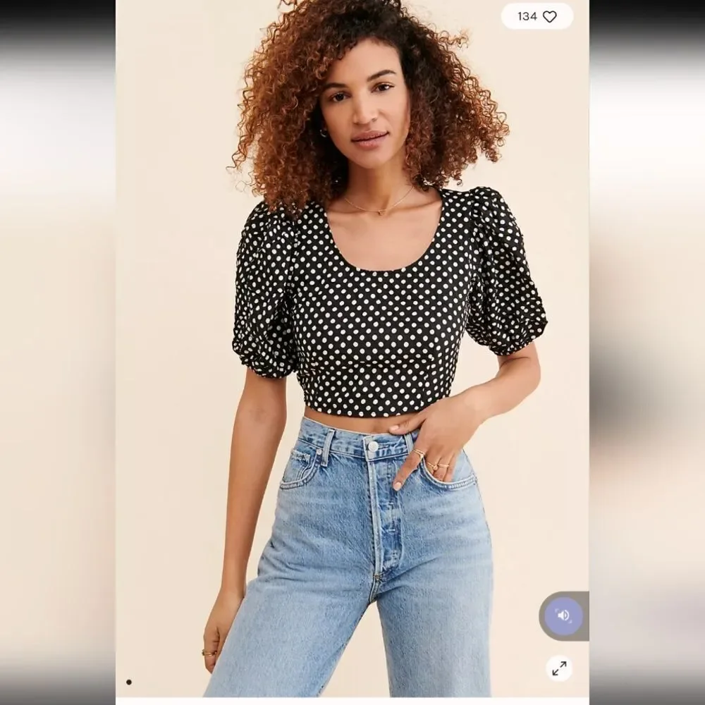 Free People Polka Puff Sleeve Crop Top Black White Size 10 - Picture 12 of 12